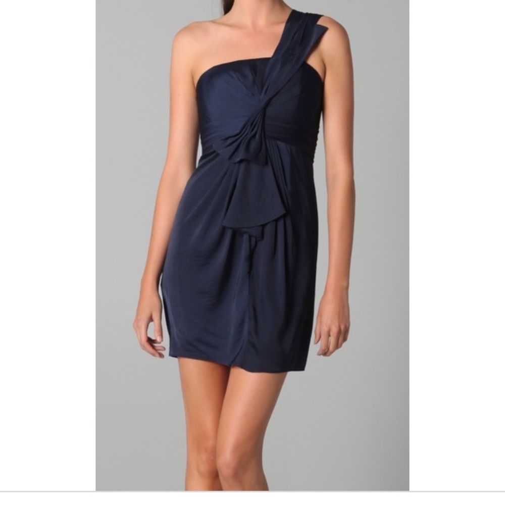 BCBG MaxAzria one shoulder front bow blue dress
